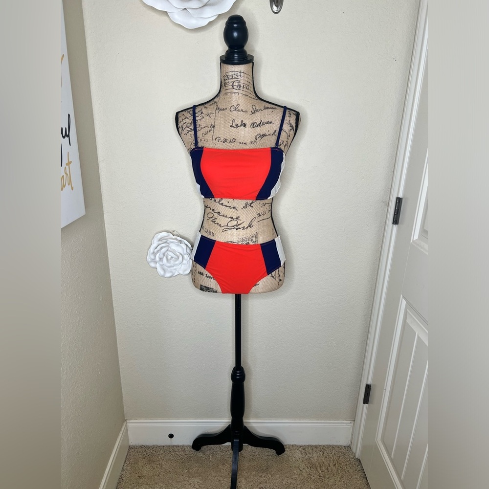Cupshe Colorblock Bikini Set Orange Blue White Mid Rise Swim Size M - Picture 2 of 16